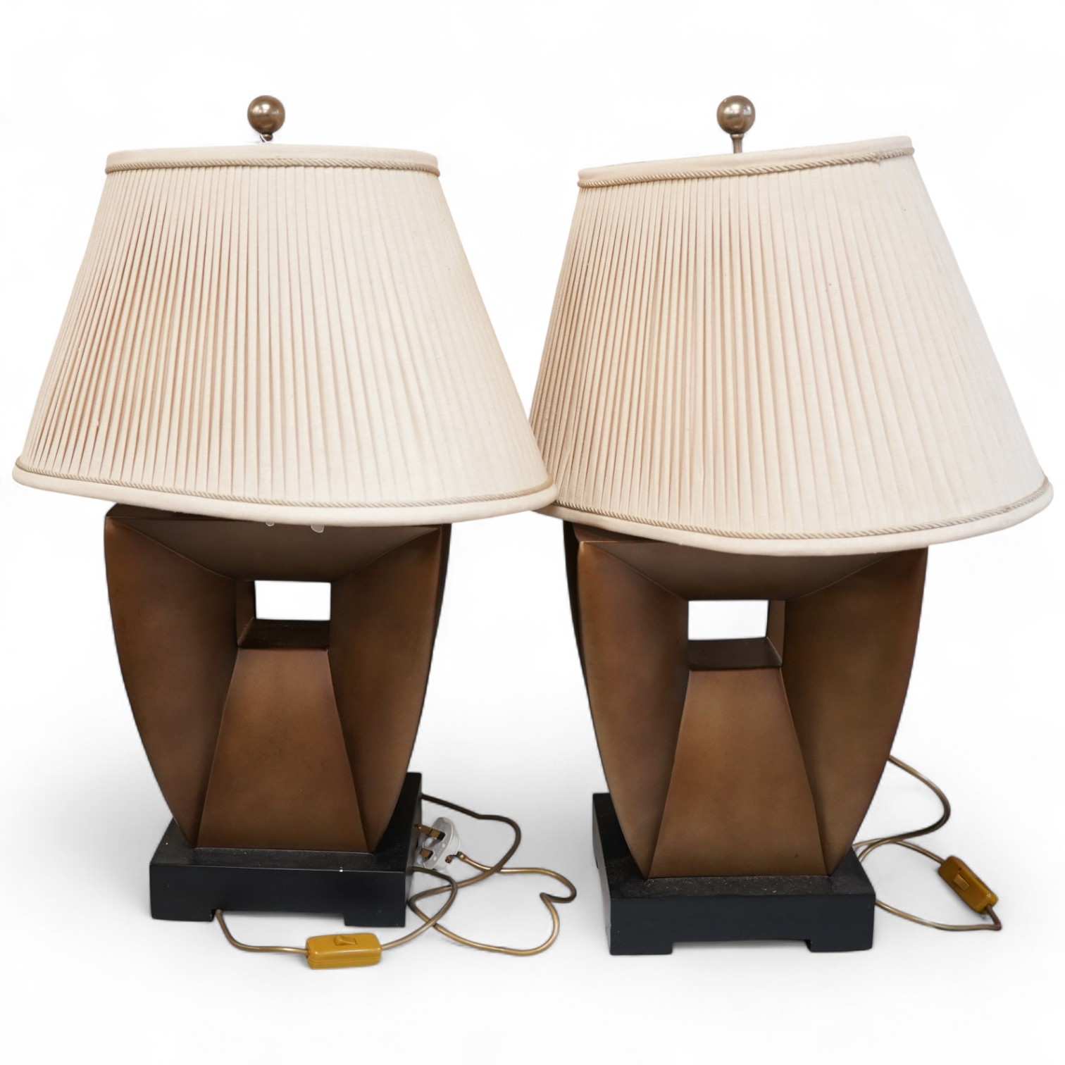 A pair of Art Deco style gilt composition table lamps and shades